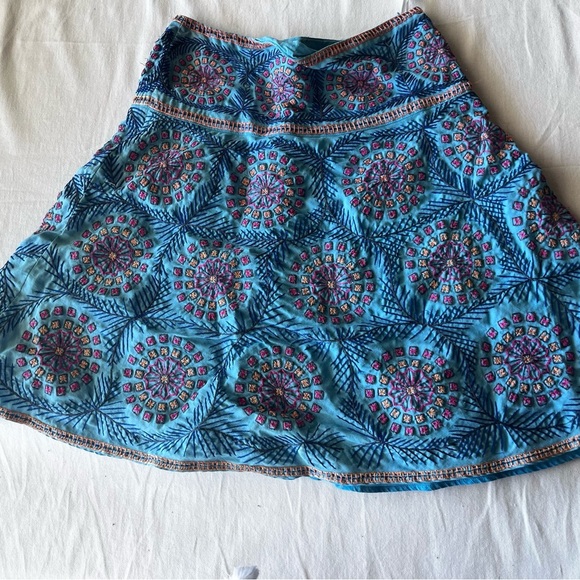 French Connection Blue Embroidered Skirt Vintage 90s Mandala A-line Size 8 - Picture 1 of 6